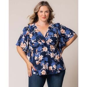 Kiyonna Floral Top Seaside Serenade Style Flutter Sleeves 1X Blue White Brown